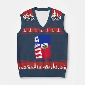 Haiti Flag Distressed Flag Graphic V-Neck Knit Sweater Vest Haitian Heritage Pride TS02 Navy Red Print Your Wear