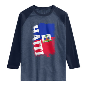 Haiti Flag Distressed Flag Graphic Raglan Shirt Haitian Heritage Pride TS02 Heather Denim Navy Print Your Wear