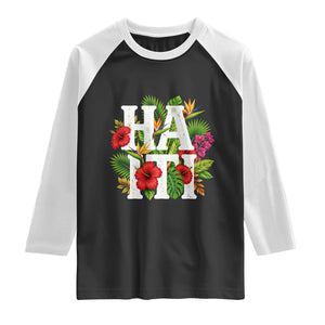 Haiti Tropical Floral Hibiscus Palm Leaves Island Graphic Raglan Shirt Haitian Heritage Pride TS02 Black White Print Your Wear