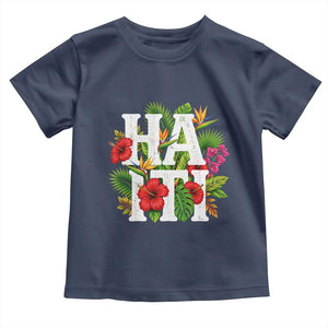 Haiti Tropical Floral Hibiscus Palm Leaves Island Graphic Toddler T Shirt Haitian Heritage Pride TS02 Navy Print Your Wear