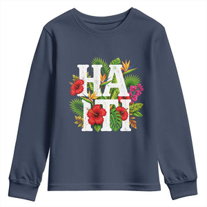 Haiti Tropical Floral Hibiscus Palm Leaves Island Graphic Youth Sweatshirt Haitian Heritage Pride TS02 Navy Print Your Wear