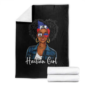 Proud Haitian Afro Girl in Denim Jacket Style Graphic Throw Blanket Haiti Heritage Pride TS02 Black Print Your Wear