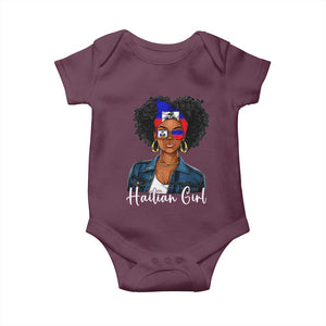 Proud Haitian Afro Girl in Denim Jacket Style Graphic Baby Onesie Haiti Heritage Pride TS02 Maroon Print Your Wear