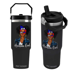Proud Haitian Afro Girl in Denim Jacket Style Graphic Flip Straw Tumbler Haiti Heritage Pride TS02 One Size: 30 oz Black Print Your Wear