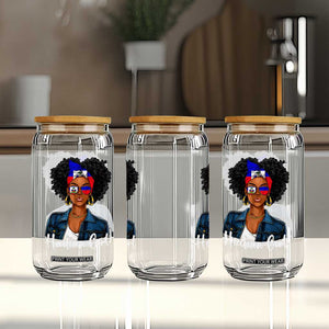 Proud Haitian Afro Girl in Denim Jacket Style Graphic Glass Can Haiti Heritage Pride TS02 Print Your Wear