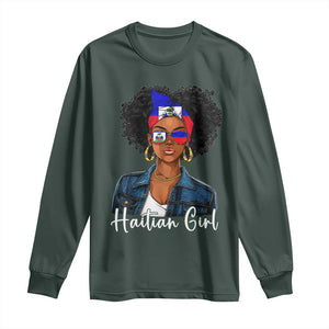 Proud Haitian Afro Girl in Denim Jacket Style Graphic Long Sleeve Shirt Haiti Heritage Pride TS02 Dark Forest Green Print Your Wear