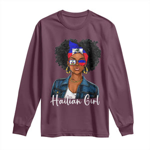 Proud Haitian Afro Girl in Denim Jacket Style Graphic Long Sleeve Shirt Haiti Heritage Pride TS02 Maroon Print Your Wear