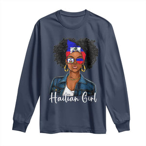 Proud Haitian Afro Girl in Denim Jacket Style Graphic Long Sleeve Shirt Haiti Heritage Pride TS02 Navy Print Your Wear