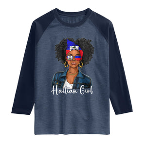 Proud Haitian Afro Girl in Denim Jacket Style Graphic Raglan Shirt Haiti Heritage Pride TS02 Heather Denim Navy Print Your Wear