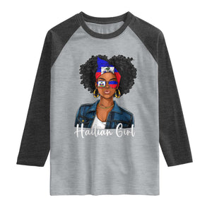 Proud Haitian Afro Girl in Denim Jacket Style Graphic Raglan Shirt Haiti Heritage Pride TS02 Heather Gray Heather Charcoal Print Your Wear