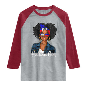 Proud Haitian Afro Girl in Denim Jacket Style Graphic Raglan Shirt Haiti Heritage Pride TS02 Heather Gray Heather Red Print Your Wear