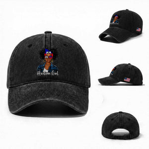 Proud Haitian Afro Girl in Denim Jacket Style Graphic Washed Cotton Baseball Cap Haiti Heritage Pride TS02 Washed Cap Universal Fit Black Print Your Wear