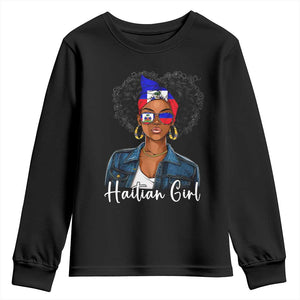 Proud Haitian Afro Girl in Denim Jacket Style Graphic Youth Sweatshirt Haiti Heritage Pride TS02 Black Print Your Wear