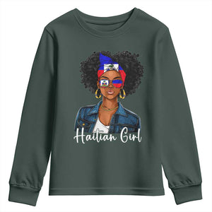 Proud Haitian Afro Girl in Denim Jacket Style Graphic Youth Sweatshirt Haiti Heritage Pride TS02 Dark Forest Green Print Your Wear