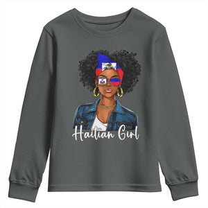 Proud Haitian Afro Girl in Denim Jacket Style Graphic Youth Sweatshirt Haiti Heritage Pride TS02 Dark Heather Print Your Wear