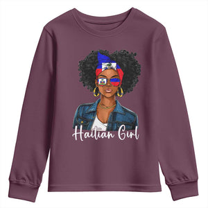 Proud Haitian Afro Girl in Denim Jacket Style Graphic Youth Sweatshirt Haiti Heritage Pride TS02 Maroon Print Your Wear