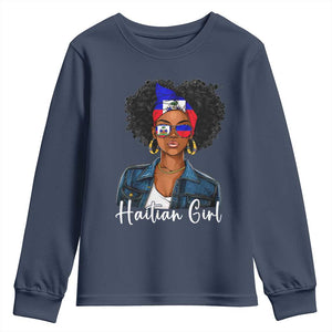 Proud Haitian Afro Girl in Denim Jacket Style Graphic Youth Sweatshirt Haiti Heritage Pride TS02 Navy Print Your Wear