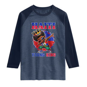 Haiti Young King Dabbing Boy Kids Graphic Raglan Shirt Haitian Heritage Pride TS02 Heather Denim Navy Print Your Wear