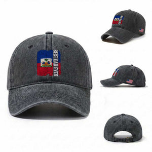 Best Dad Ever Haitian Papa Washed Cotton Baseball Cap Vintage Distressed Haiti Flag Father's Day TS02 Washed Cap Universal Fit Dark Gray Print Your Wear