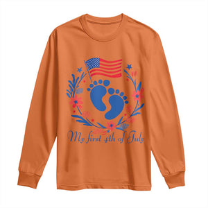 My First 4th of July Patriotic Cute Baby Footprints Long Sleeve Shirt American Flag Wreath America Holiday Milestone