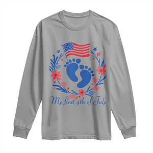 My First 4th of July Patriotic Cute Baby Footprints Long Sleeve Shirt American Flag Wreath America Holiday Milestone