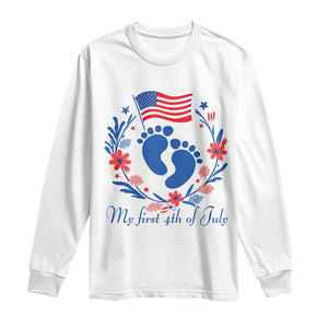 My First 4th of July Patriotic Cute Baby Footprints Long Sleeve Shirt American Flag Wreath America Holiday Milestone