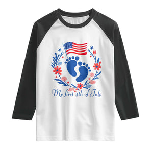 My First 4th of July Patriotic Cute Baby Footprints Raglan Shirt American Flag Wreath America Holiday Milestone