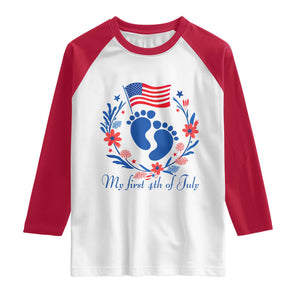 My First 4th of July Patriotic Cute Baby Footprints Raglan Shirt American Flag Wreath America Holiday Milestone