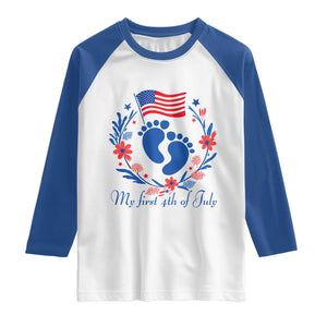 My First 4th of July Patriotic Cute Baby Footprints Raglan Shirt American Flag Wreath America Holiday Milestone