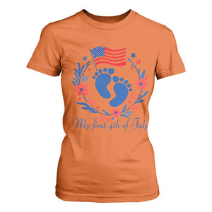 My First 4th of July Patriotic Cute Baby Footprints T Shirt For Women American Flag Wreath America Holiday Milestone