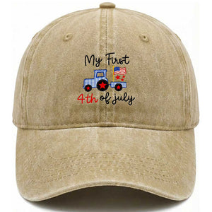 My First 4th of July Patriotic Tractor Cute Washed Cotton Baseball Cap American Flag Infant Independence Holiday Milestone