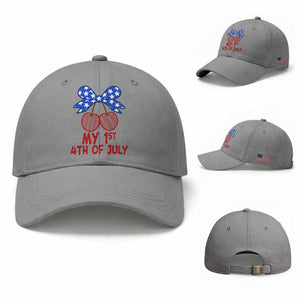 My 1st 4th of July Coquette Bow Striped Cherries Baseball Cap Preppy Patriotic Baby Girl Independence Holiday