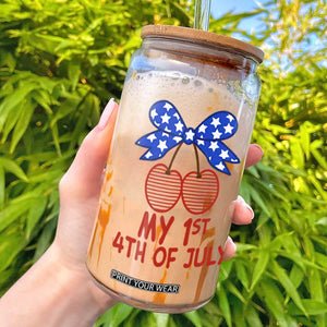 My 1st 4th of July Coquette Bow Striped Cherries Glass Can Preppy Patriotic Baby Girl Independence Holiday