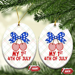 My 1st 4th of July Coquette Bow Striped Cherries Ceramic Ornament Preppy Patriotic Baby Girl Independence Holiday