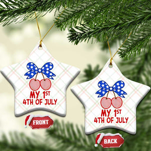 My 1st 4th of July Coquette Bow Striped Cherries Ceramic Ornament Preppy Patriotic Baby Girl Independence Holiday