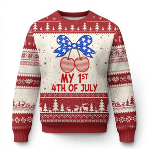 My 1st 4th of July Coquette Bow Striped Cherries Ugly Christmas Sweater Preppy Patriotic Baby Girl Independence Holiday