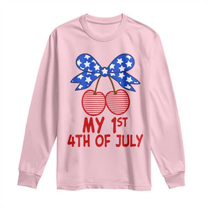 My 1st 4th of July Coquette Bow Striped Cherries Long Sleeve Shirt Preppy Patriotic Baby Girl Independence Holiday