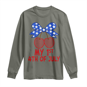 My 1st 4th of July Coquette Bow Striped Cherries Long Sleeve Shirt Preppy Patriotic Baby Girl Independence Holiday