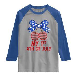 My 1st 4th of July Coquette Bow Striped Cherries Raglan Shirt Preppy Patriotic Baby Girl Independence Holiday