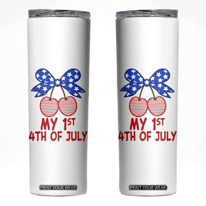 My 1st 4th of July Coquette Bow Striped Cherries Skinny Tumbler Preppy Patriotic Baby Girl Independence Holiday