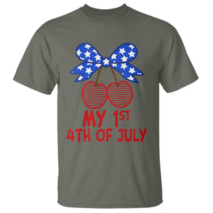 My 1st 4th of July Coquette Bow Striped Cherries T Shirt Preppy Patriotic Baby Girl Independence Holiday