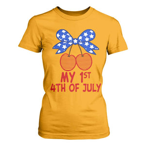 My 1st 4th of July Coquette Bow Striped Cherries T Shirt For Women Preppy Patriotic Baby Girl Independence Holiday