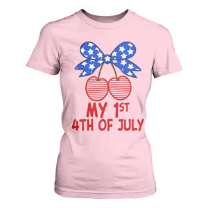 My 1st 4th of July Coquette Bow Striped Cherries T Shirt For Women Preppy Patriotic Baby Girl Independence Holiday