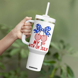 My 1st 4th of July Coquette Bow Striped Cherries Tumbler With Handle Preppy Patriotic Baby Girl Independence Holiday