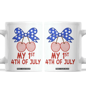 My 1st 4th of July Coquette Bow Striped Cherries Coffee Mug Preppy Patriotic Baby Girl Independence Holiday