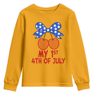 My 1st 4th of July Coquette Bow Striped Cherries Youth Sweatshirt Preppy Patriotic Baby Girl Independence Holiday