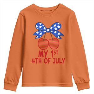 My 1st 4th of July Coquette Bow Striped Cherries Youth Sweatshirt Preppy Patriotic Baby Girl Independence Holiday