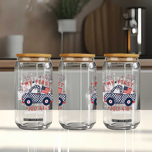 My First July 4th Gingham Vintage Truck Americana Glass Can Patriotic Fireworks Independence Holiday Milestone
