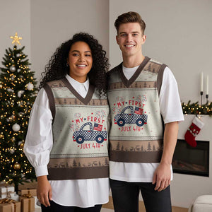 My First July 4th Gingham Vintage Truck Americana V-Neck Knit Sweater Vest Patriotic Fireworks Independence Holiday Milestone