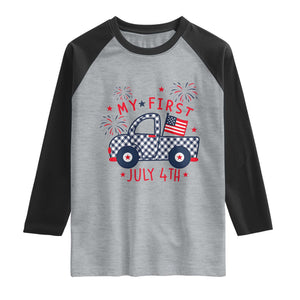 My First July 4th Gingham Vintage Truck Americana Raglan Shirt Patriotic Fireworks Independence Holiday Milestone